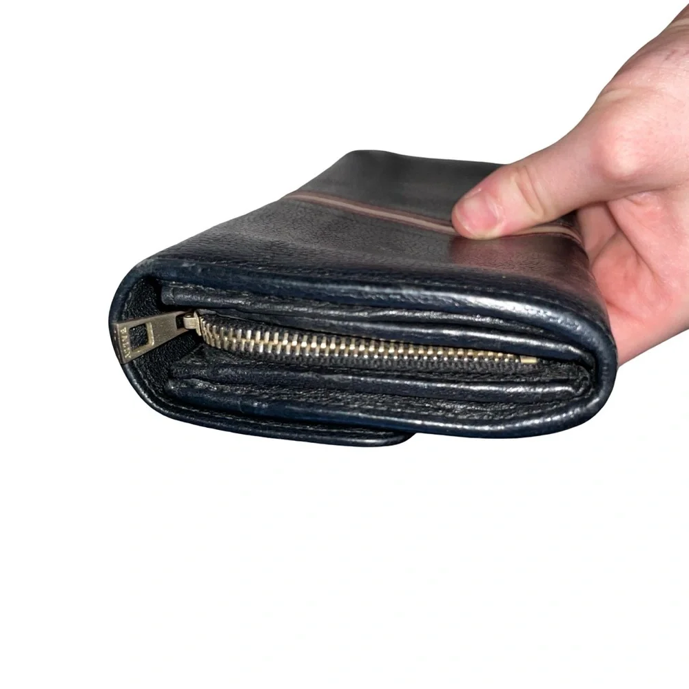 Bally black leather long wallet signature red and off-white stripe. 4x8